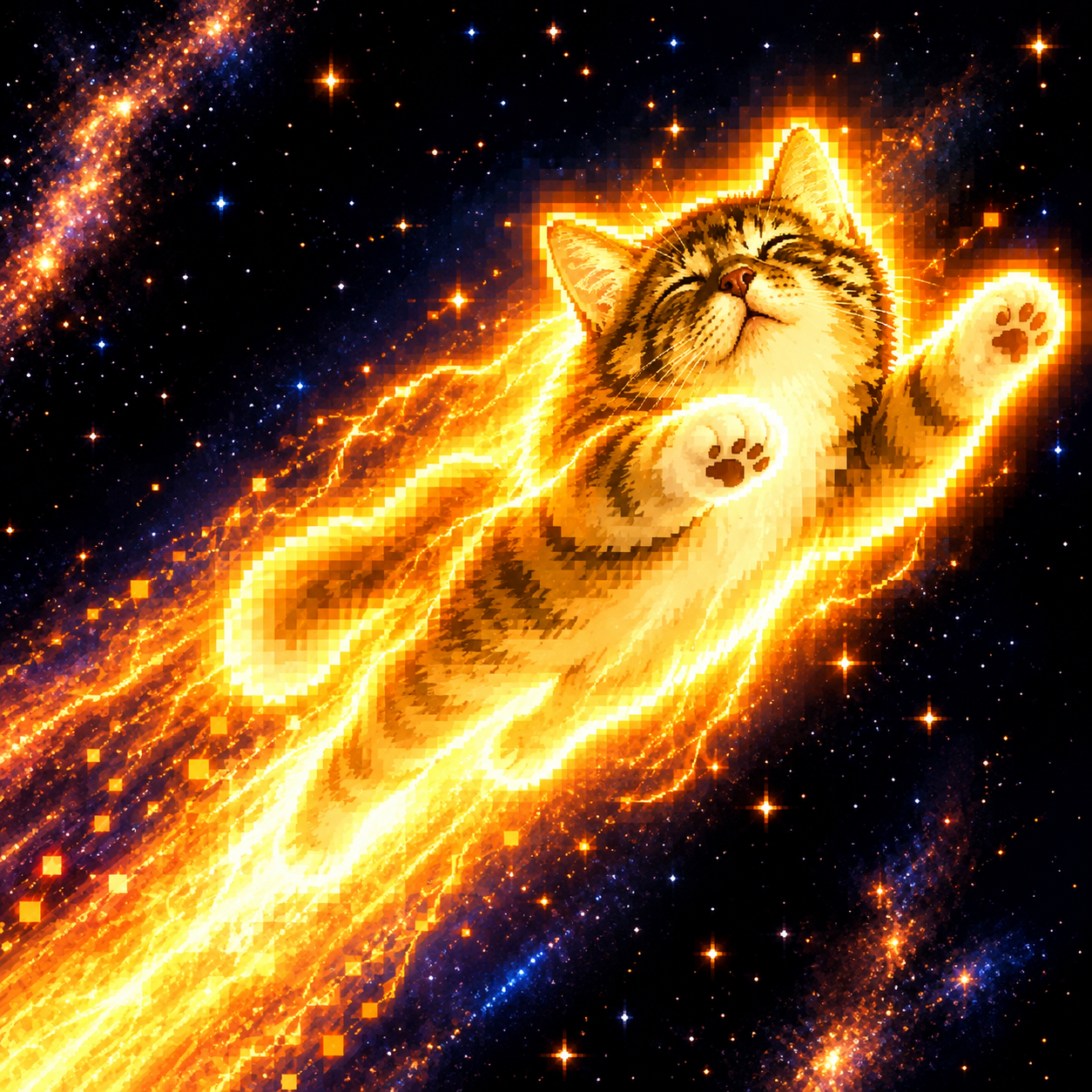 Glowing tabby cat accelerating through space